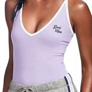 VS Pink "Good Vibes" Bodysuit in Lavender Sz L